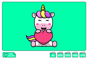 Cute Unicorn Hugging Heart Cartoon