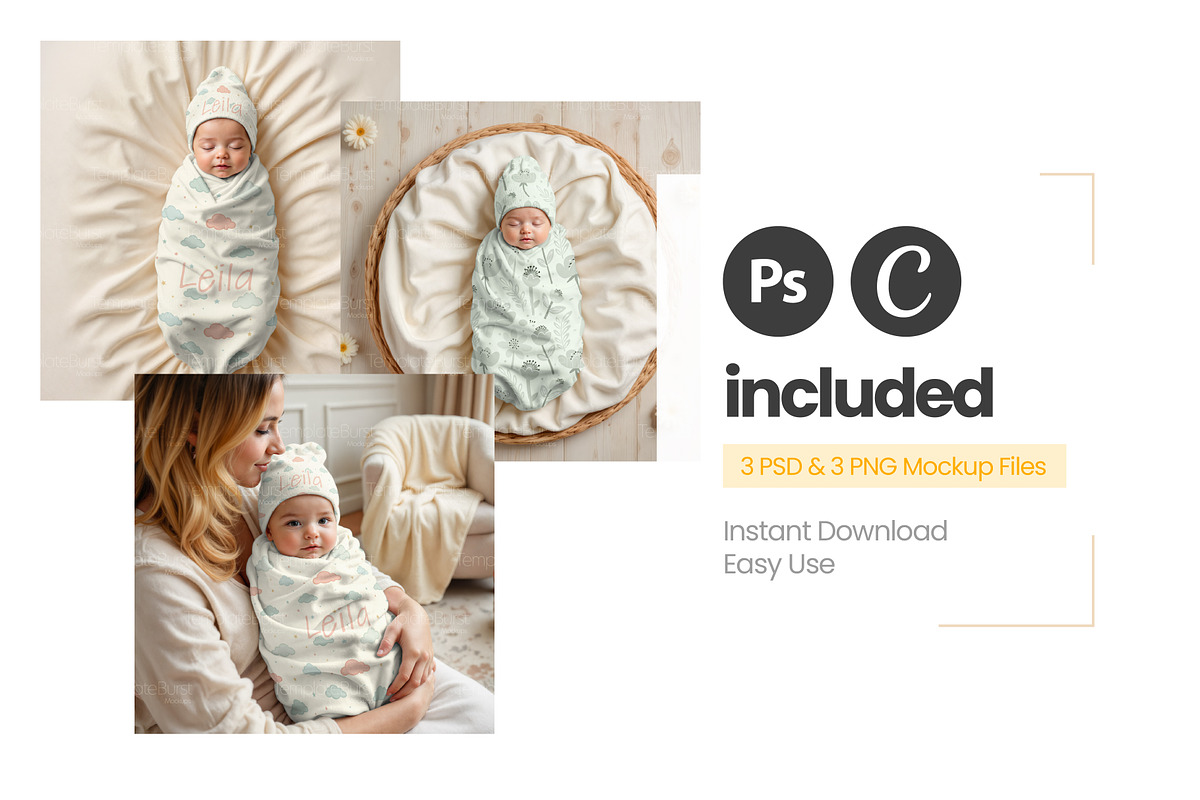 Baby Swaddle & Beanie Mockup Set, an Apparel Mockup by Mockups Studio (Photo 4 of 8)