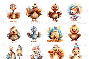 Watercolor Turkey Clipart, Kawaii