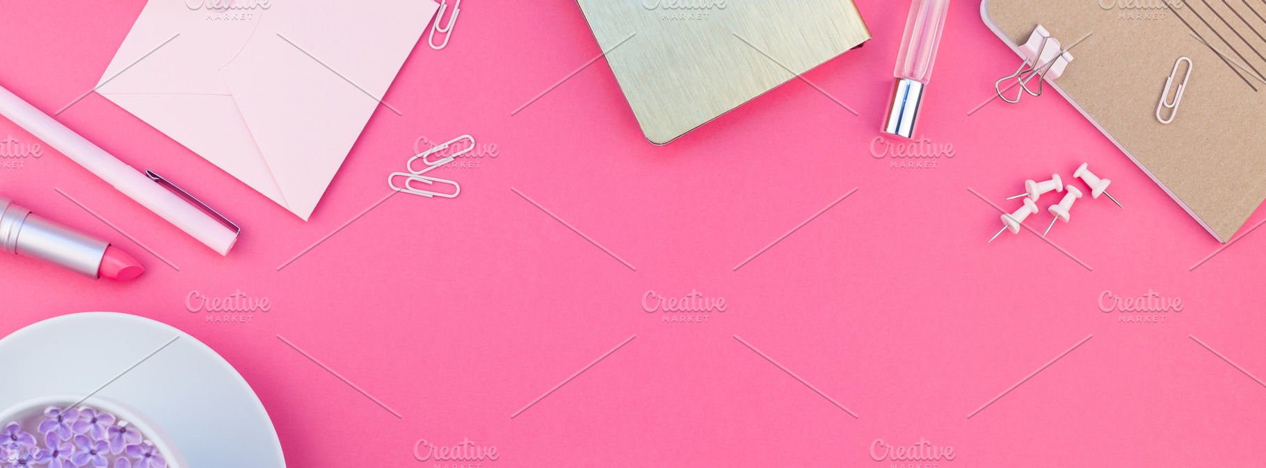 Styled pink feminine workspace flat containing desktop, woman, and female, a School & Education Photo by Dvoevnore photos