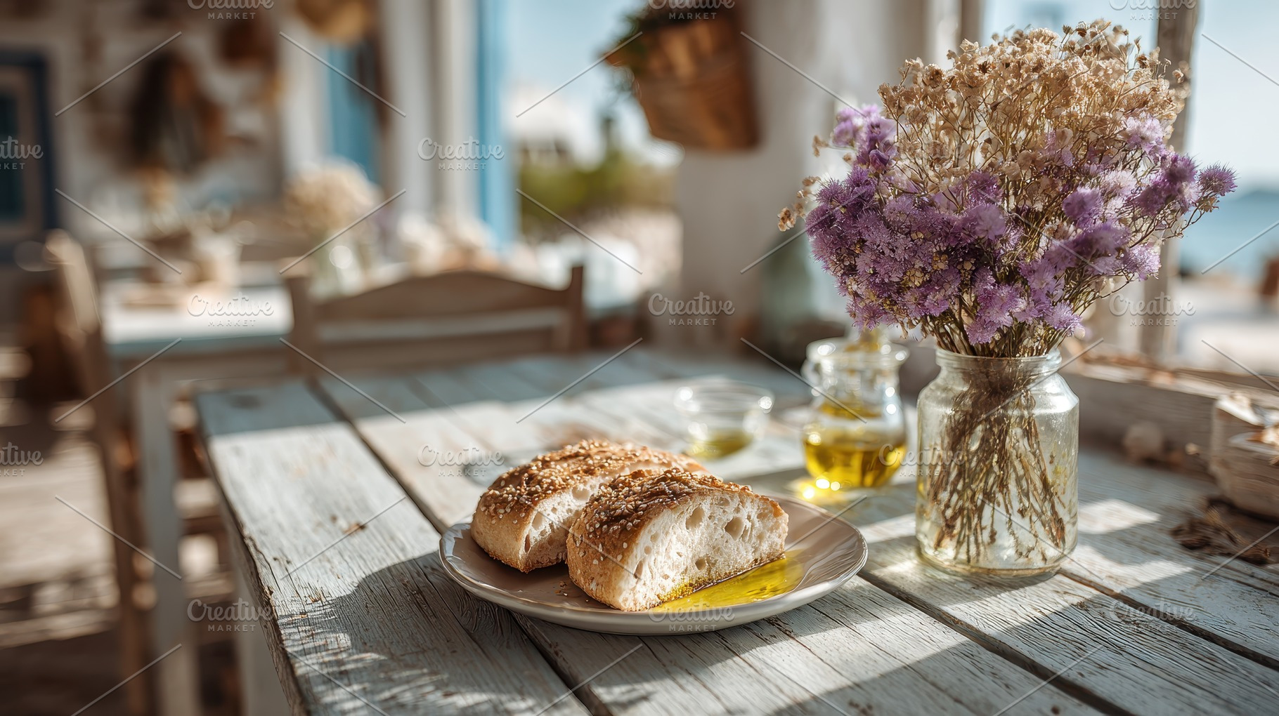 Sesame bread slices with olive oil o, a Photo by Pixeness Studio