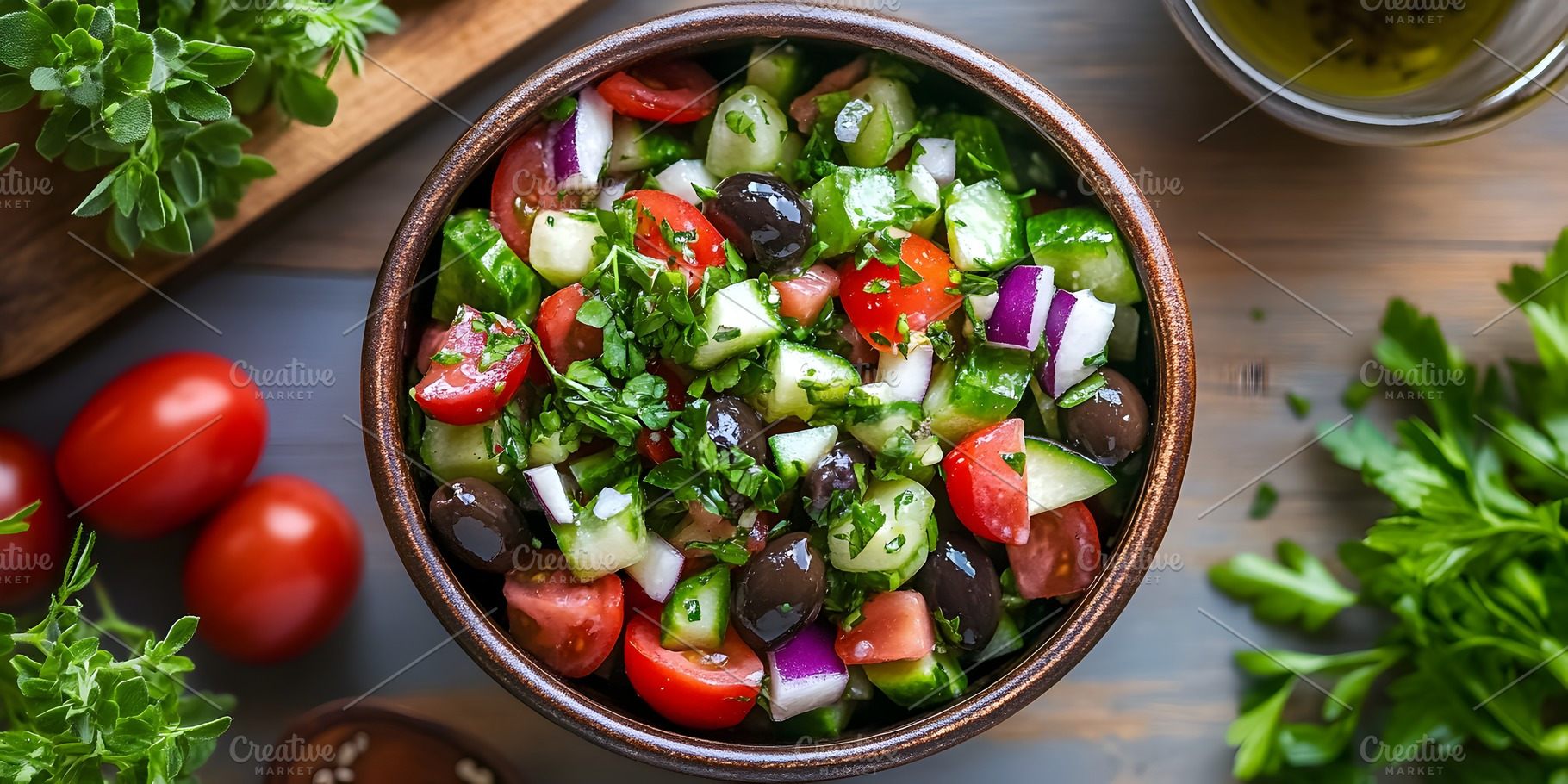 Fresh greek salad with tomatoes cucumbers and olives, a Food & Drink Photo by Photostock