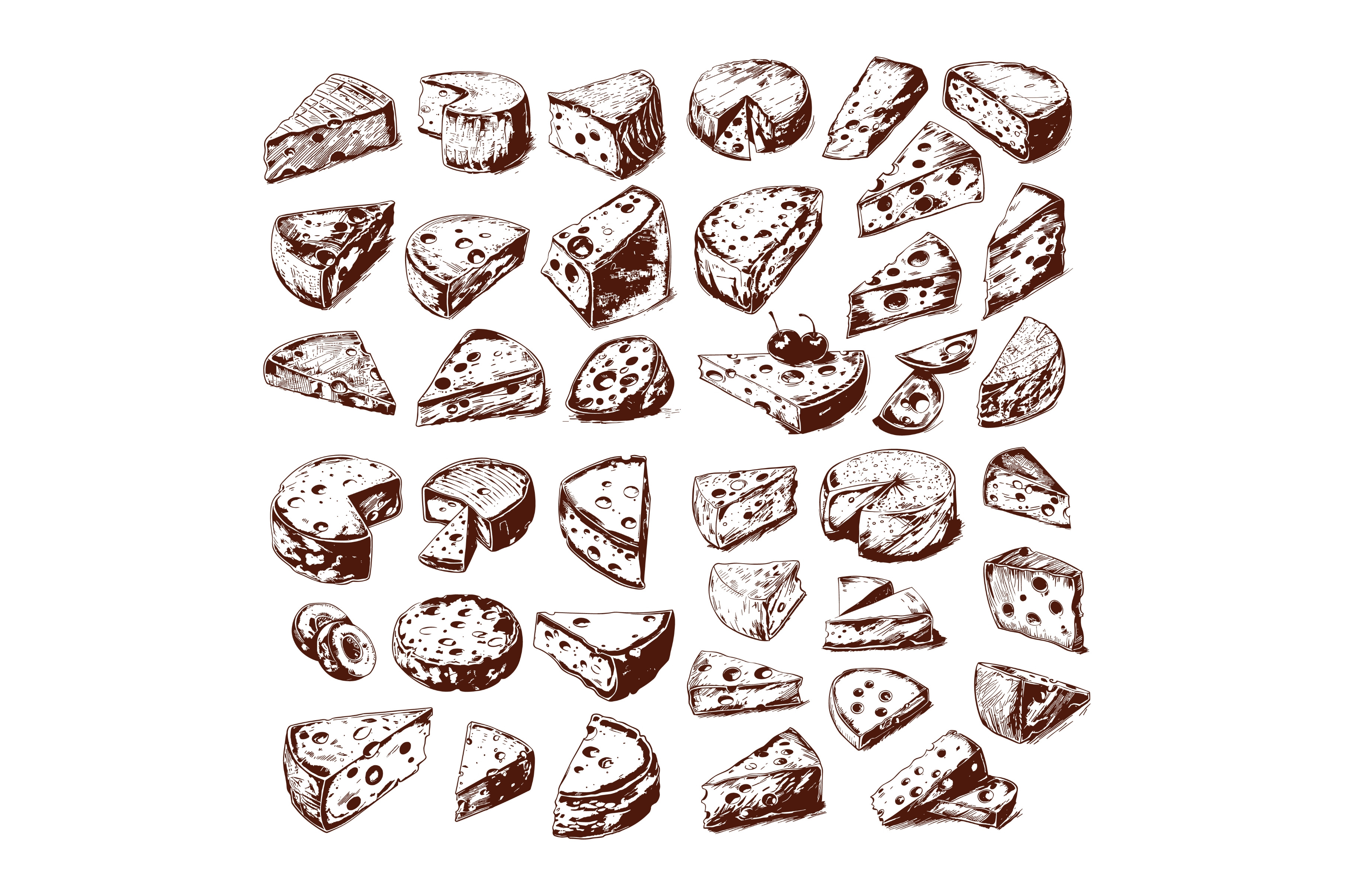 Cheese types ink sketch vector set, a Food Illustration by Onyx