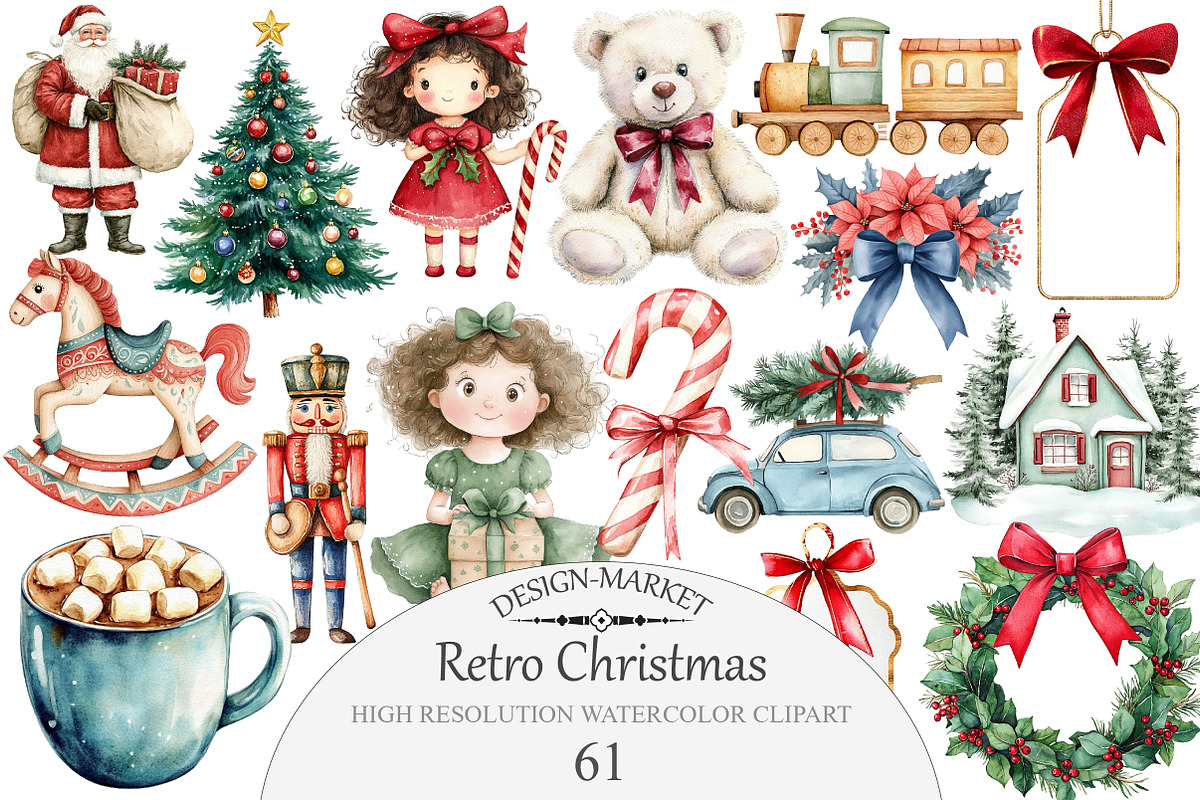 Retro Christmas Clipart Bundle, an Illustration by Design Market (Photo 1 of 5)