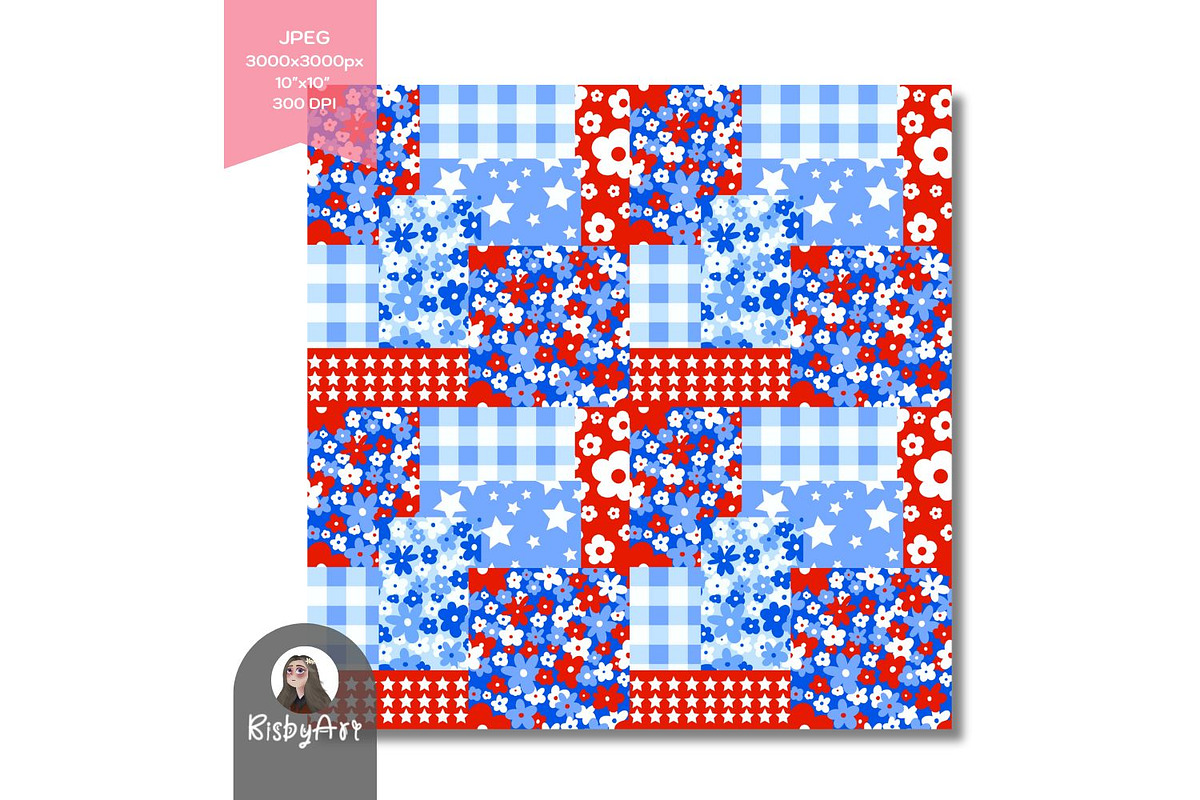 Patriotic Floral Patchwork Seamless, a Pattern Graphic by KisbyArt (Photo 4 of 4)
