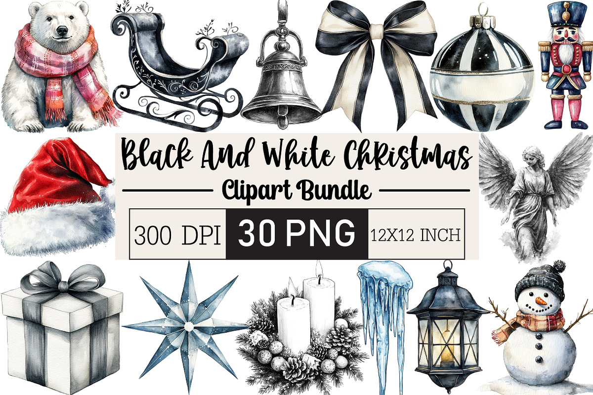 Black And White Christmas Clipart, an Illustration by Black Bird Studio (Photo 1 of 6)