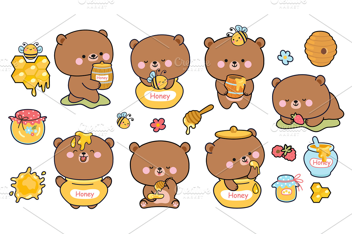 Funny bear and honey. Kawaii bears, an Animal Illustration by Valerie Bodnar