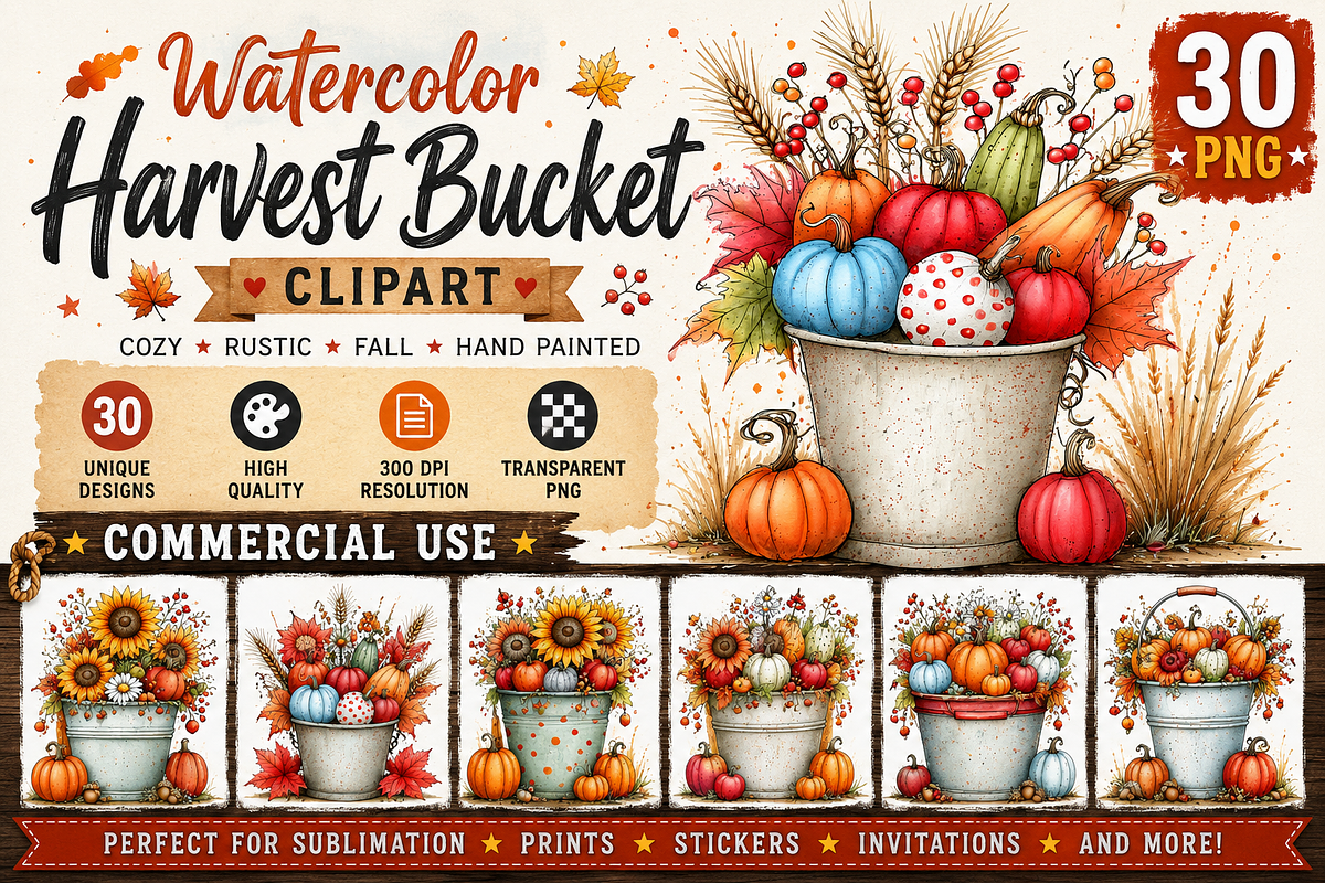Harvest Bucket Watercolor Clipart, a Seasonal Illustration by fashionaddict (Photo 1 of 7)