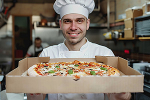 Male chef with hot pizza in restaurant, a Food & Drink Photo by AlyaAnd