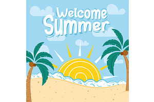 Welcome summer poster with sun, palm, an Illustration by studioDK