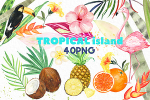 Tropical Island. Watercolor Clipart.