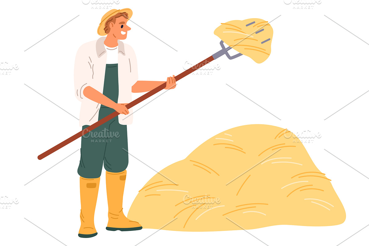 Male farmer uses pitchfork to gather, a Person Illustration by Vectorbuum
