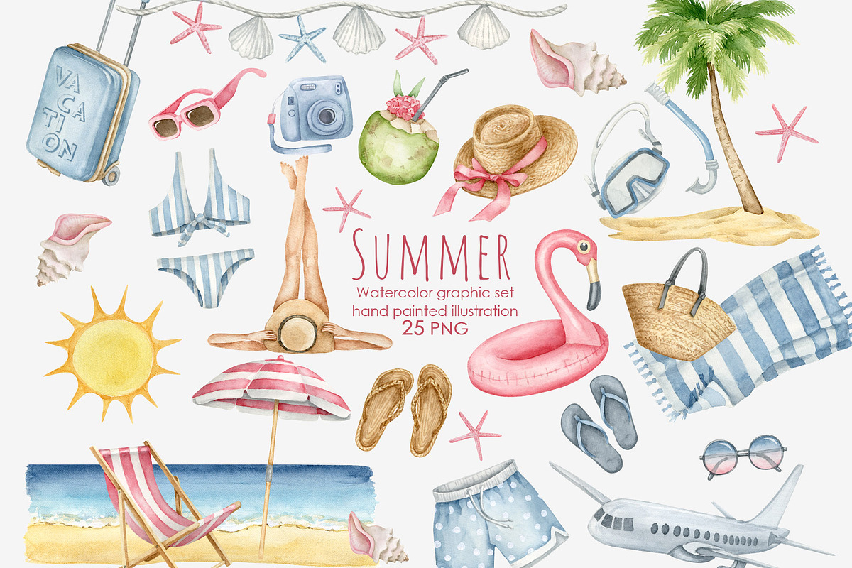 Watercolor summer beach clipart, an Illustration by AquarelleSpace (Photo 1 of 4)