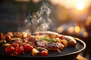 Grill smoking vegetables and meat at sunset during a summer barbecue gathering, a Food & Drink Photo by AlyaAnd