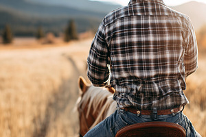 Cowboy riding a horse through field, a Person Photo by MistyDay