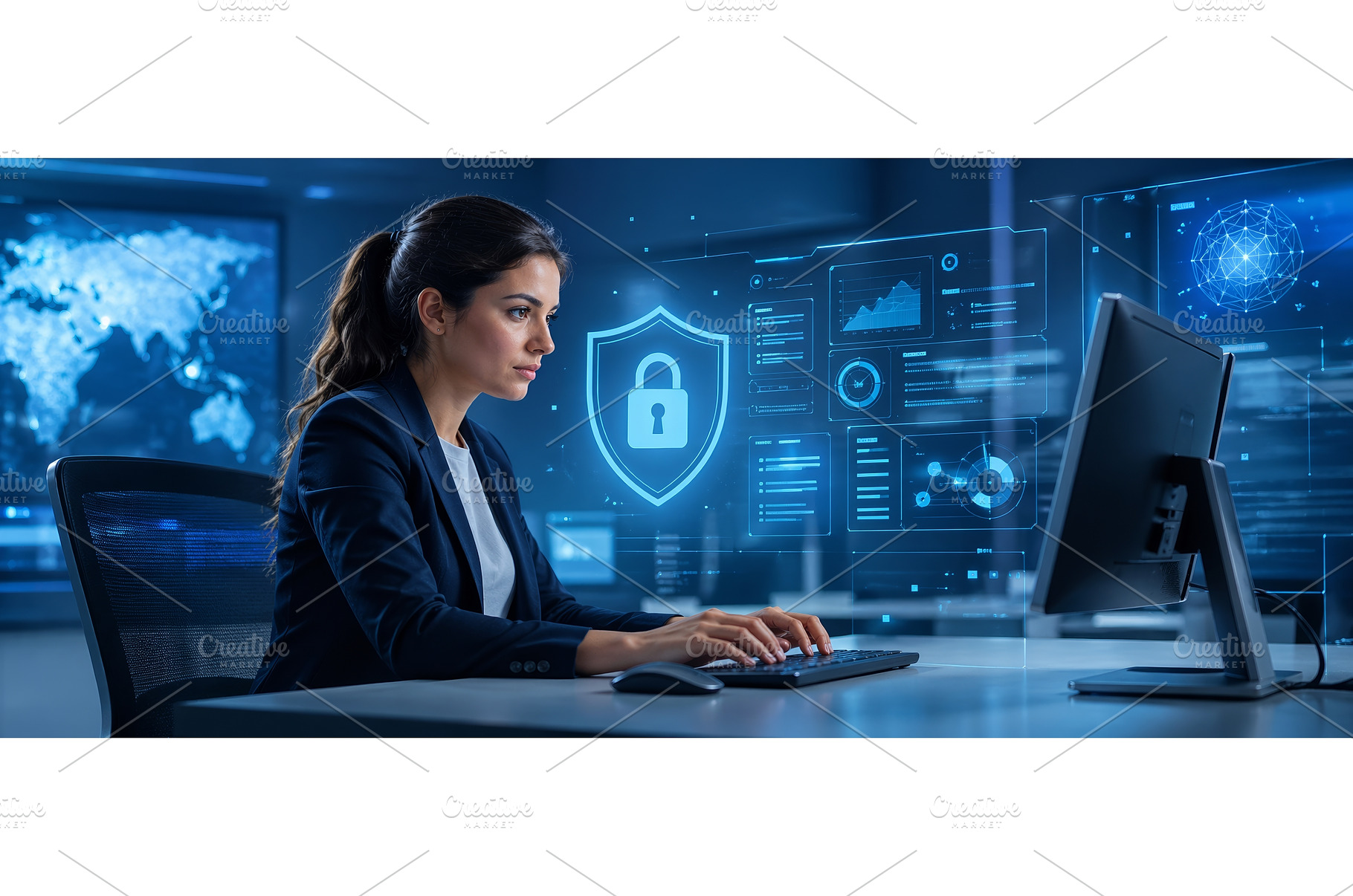 Woman typing on a keyboard with data, a Business Photo by ZinetroN