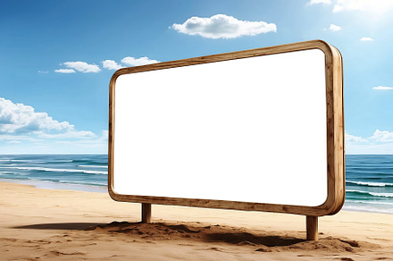 Blank wooden signboard on the beach, vacation at sea mockup. Gen, a Business Photo by Ales Munt