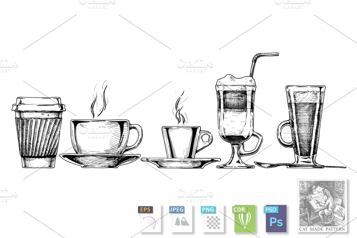 coffee cup set, a Food Illustration by CatMadePattern