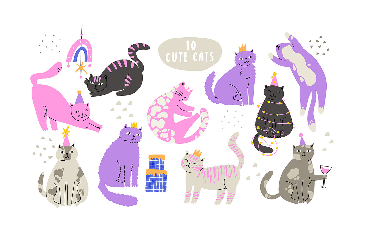 FUNNY CATS: birthday clipart cards, an Animal Illustration by Elliko shop (Photo 2 of 16)