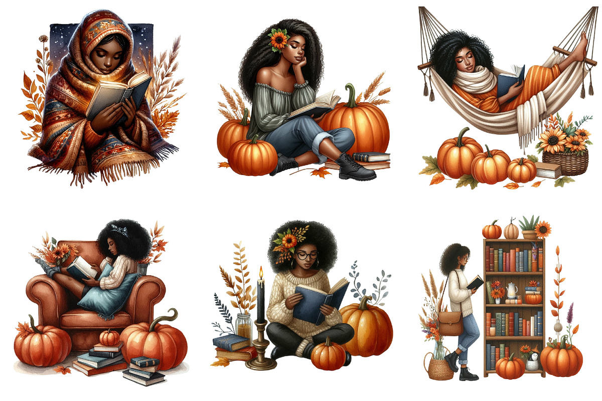 Autumn Black Woman Reading Clipart, an Illustration by DreamArtGraphic (Photo 4 of 4)