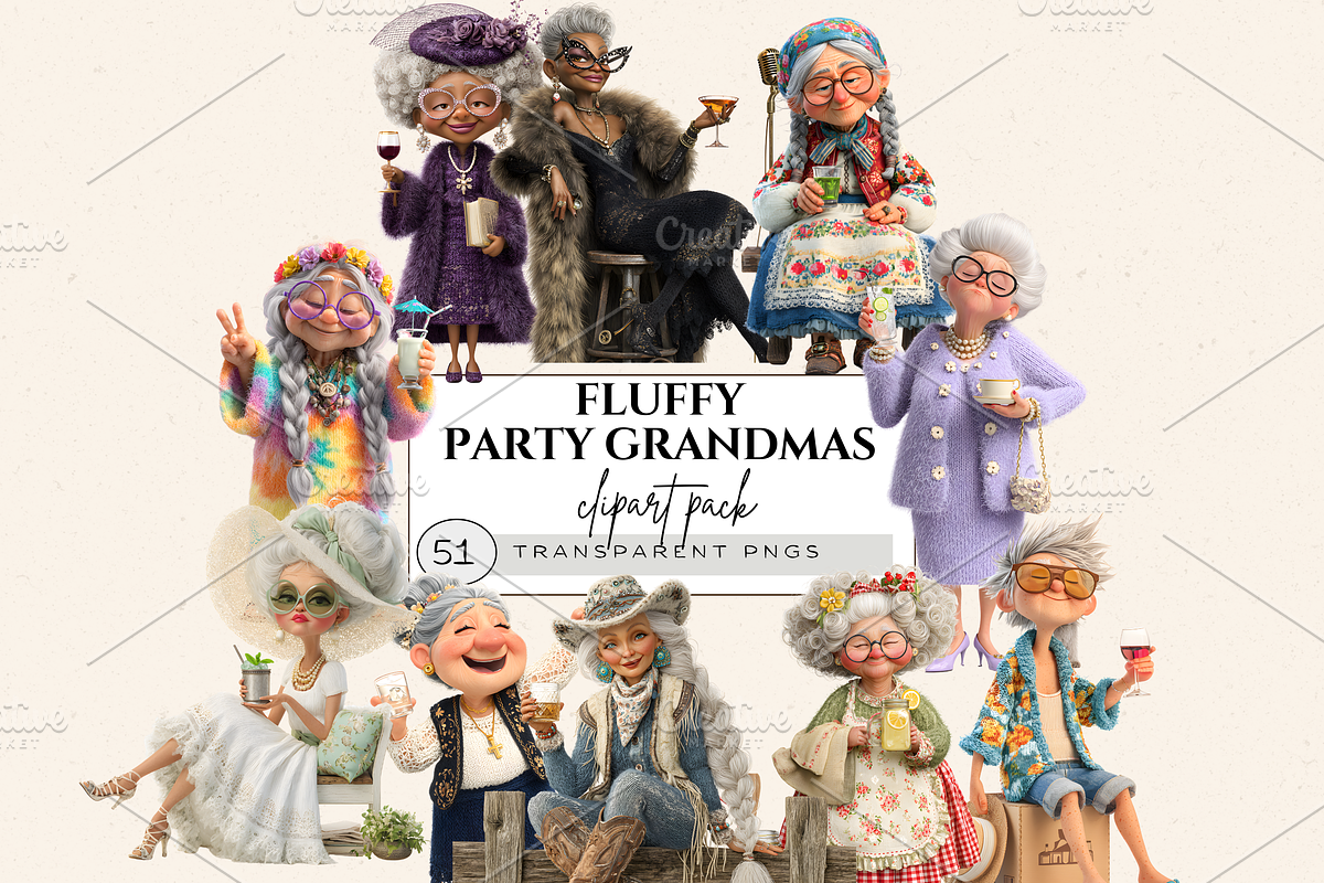 FUNNY OLD LADIES WITH DRINK CLIPART, a Person Illustration by Daring Digies (Photo 1 of 10)