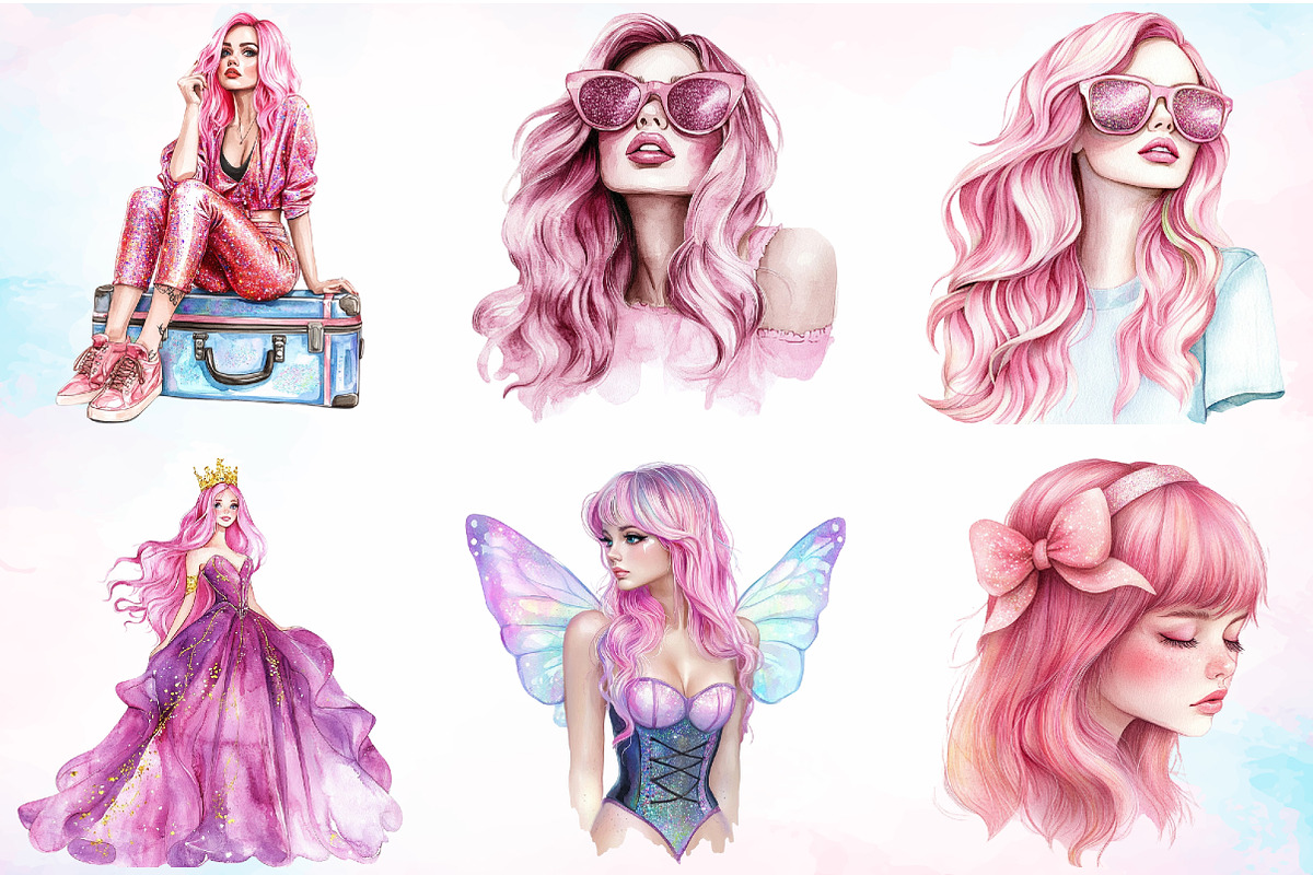 Watercolor Glitter Pink Girl Clipart, an Illustration by Canvas Craft (Photo 3 of 3)