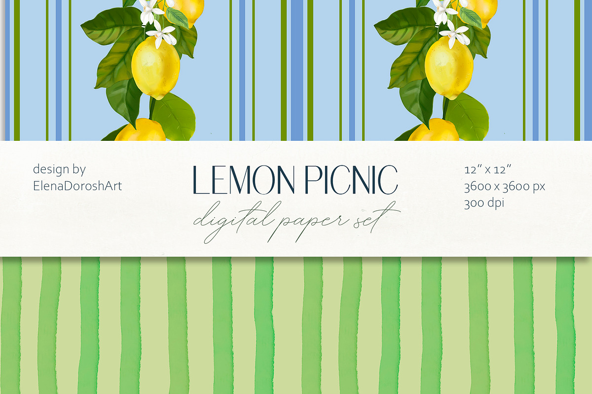 Lemon Citrus Digital Paper Pack, a Pattern Graphic by Elena Dorosh (Photo 3 of 7)
