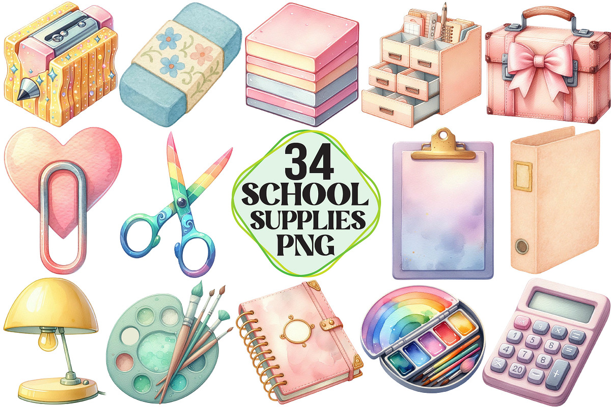 Pastel School Supplies Clipart, an Illustration by Pixels.Craft (Photo 1 of 3)