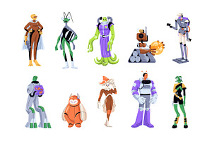 Aliens, space characters, robots set, a Person Illustration by PaperTrident