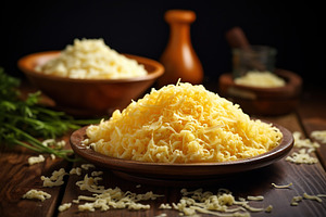 Grated cheese on wooden background, a Food & Drink Photo by AlyaAnd