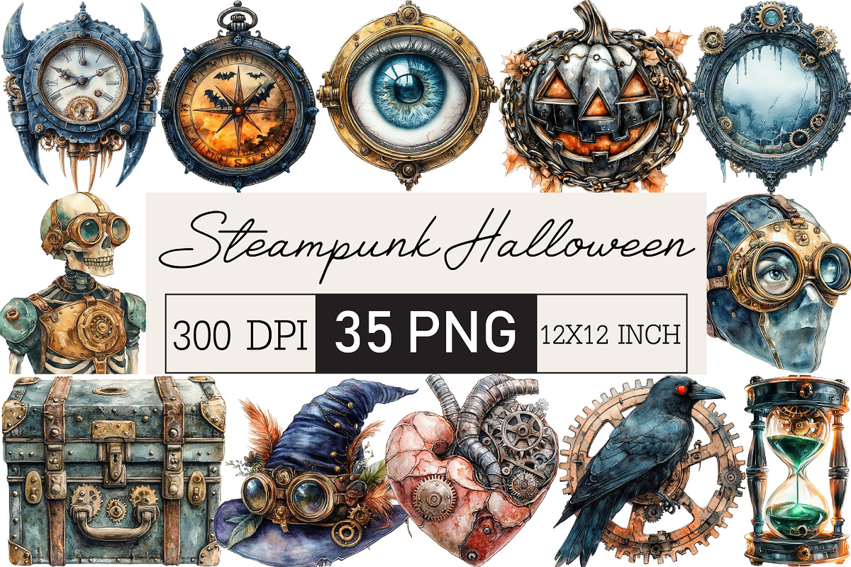 Steampunk Halloween Clipart Bundle, an Illustration by Black Bird Studio (Photo 1 of 6)