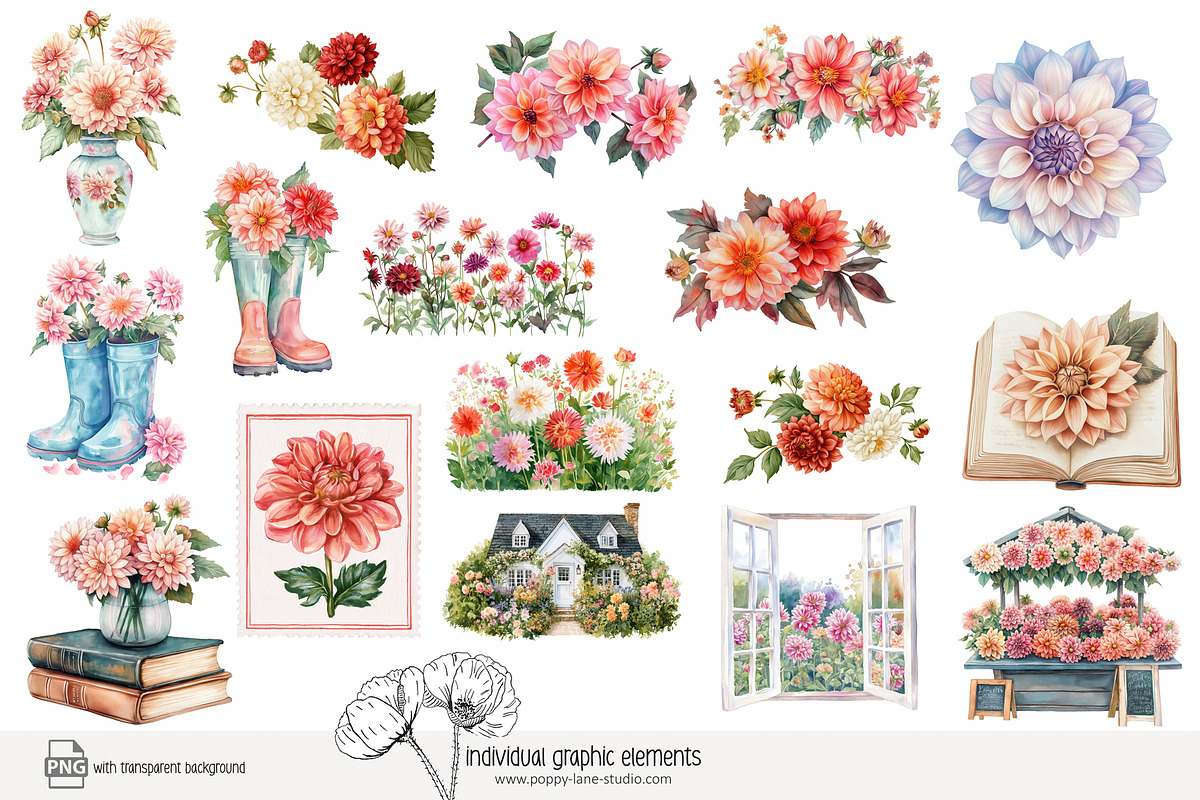 100 watercolour dahlia clip art, a Seasonal Illustration by Poppy Lane Studio (Photo 3 of 12)