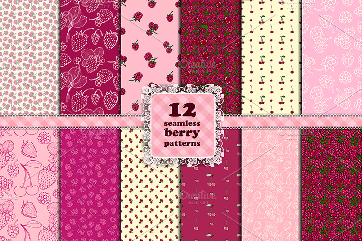 Berry set. 12 seamless patterns