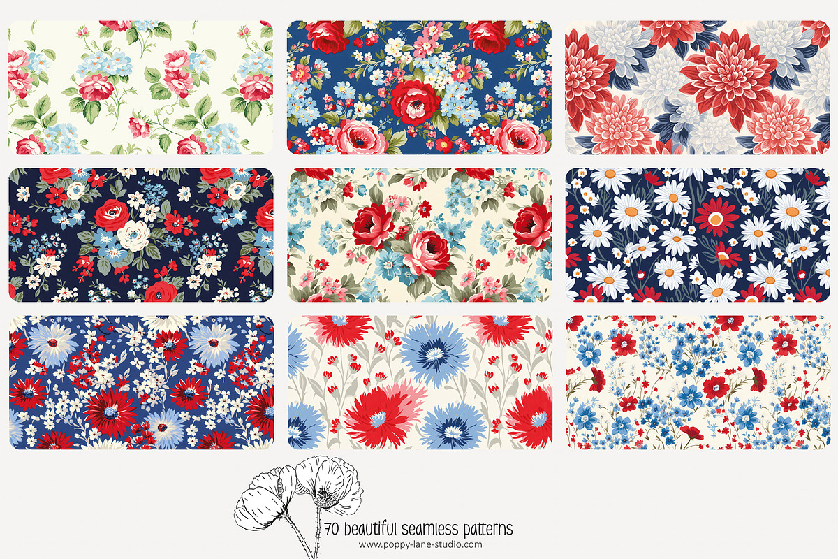 70 red/blue floral seamless pattern, a Pattern Graphic by Poppy Lane Studio (Photo 2 of 10)