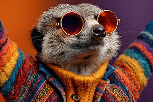 Stylish meerkat wearing colorful sweater and round sunglasses ce, an Animal Photo by José Manuel Gelpi