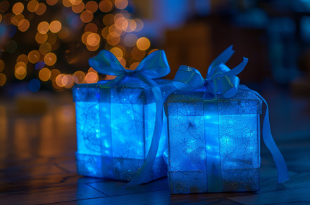 Two beautifully wrapped blue gift bo, a Photo by Tanuart