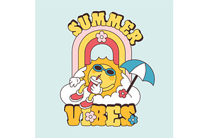 Retro happy sun character with drink, an Object Illustration by YummyBuum