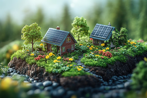 Miniature houses surrounded by lush, a Photo by Tanuart