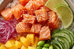 Fresh sushi bowl with salmon and vegetables, a Food & Drink Photo by AlyaAnd