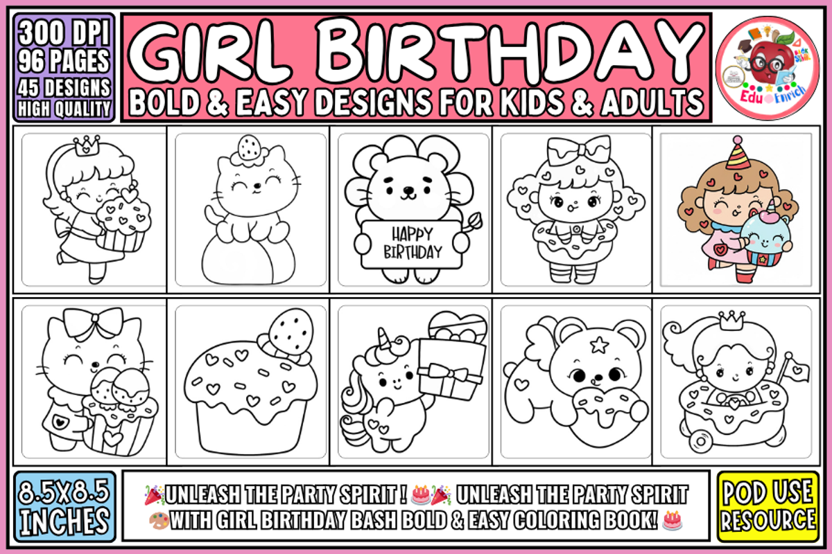Girl Birthday Coloring Pages, a Seasonal Illustration by EduEnrich (Photo 1 of 3)
