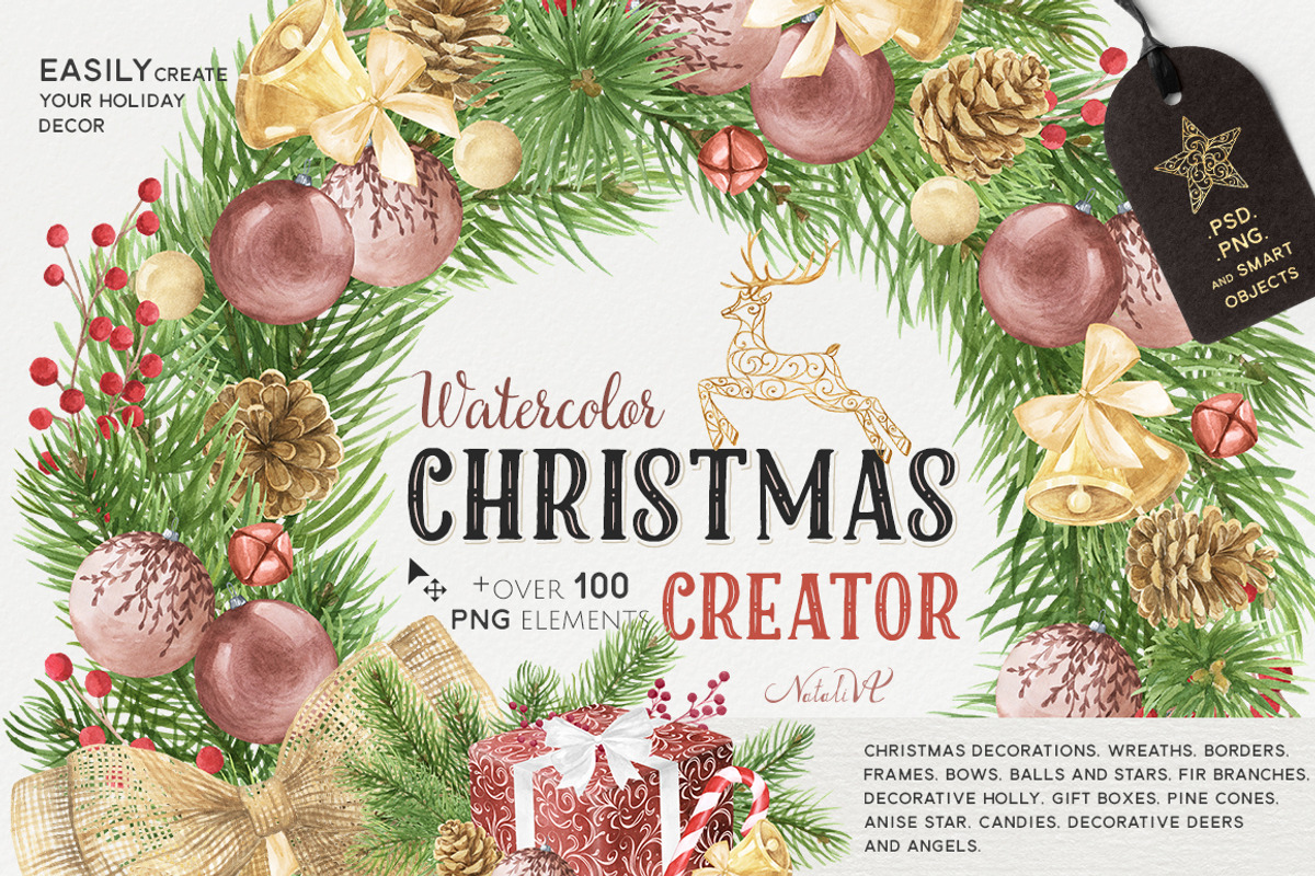 Christmas Creator Pack Watercolor, a Decorative Illustration by NataliVA (Photo 1 of 13)