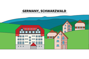 Germany, Schwarzwald. City Skyline, Architecture, Buildings, Streets, Silhouette, Landscape, Panorama, Landmarks. Editable Strokes. Flat Design Line V