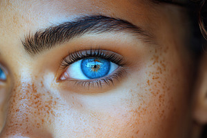 Close-up view of a person's blue eye, a Photo by Tanuart