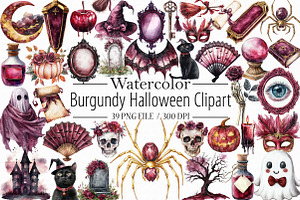 Watercolor Burgundy Halloween Clipar, an Illustration by Libby Wishes