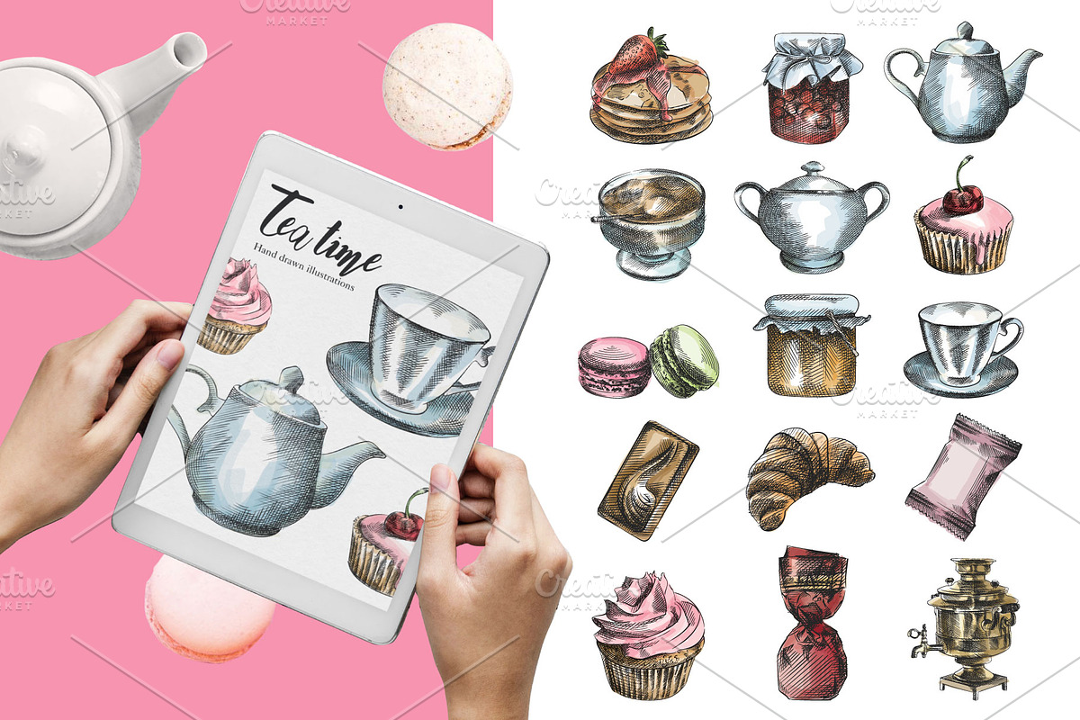 Tea Time Sketch Set, a Food Illustration by Art_Core