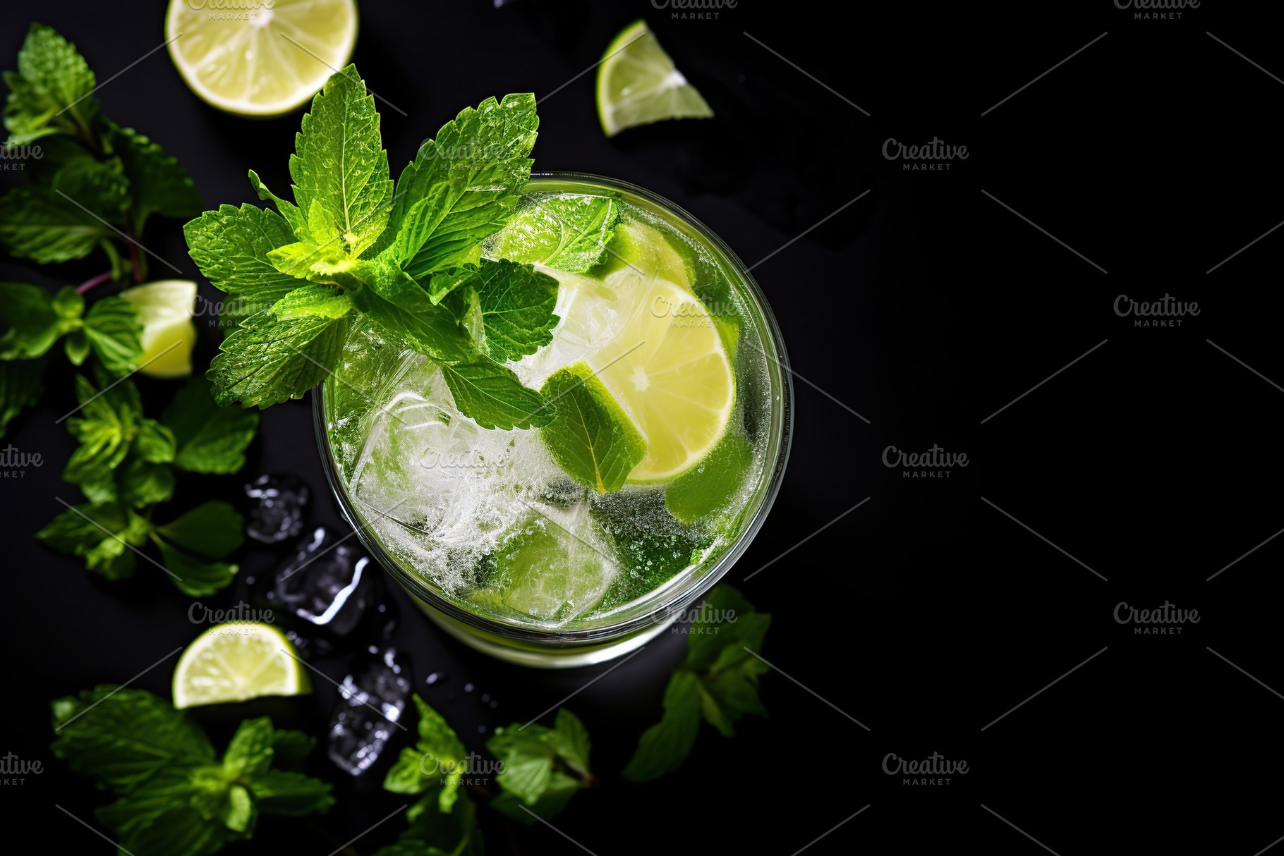 Flat lay of alcoholic mojito with ice and mint on black background, a Food & Drink Photo by AlyaAnd