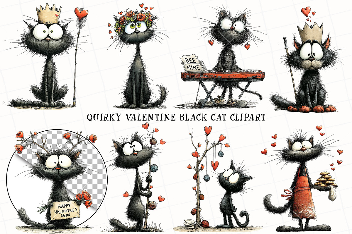 Quirky Valentine Black Cat Clipart, an Illustration by OK Design (Photo 2 of 6)