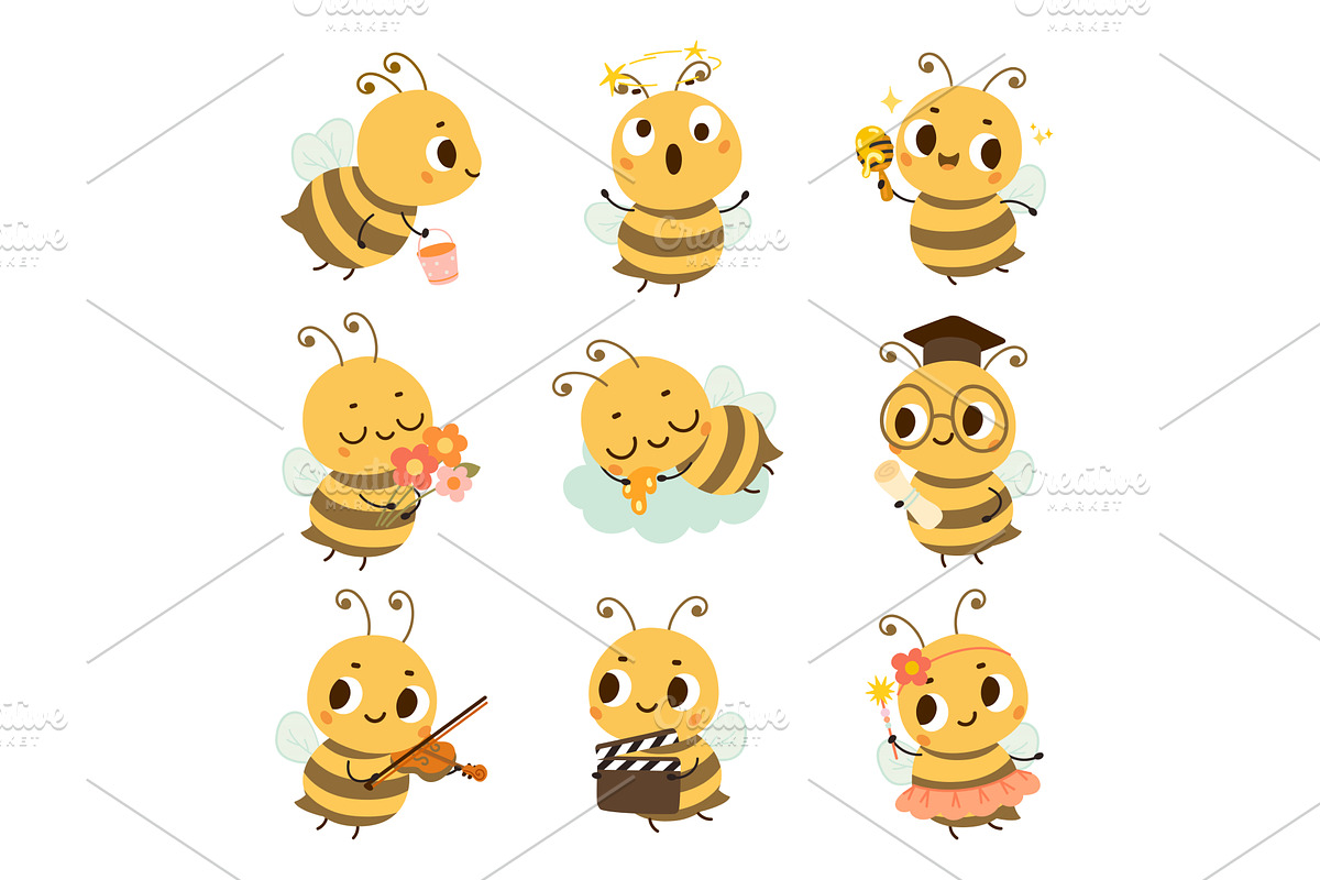 Cute cartoon bee. Funny bees in, an Animal Illustration by Valerie Bodnar