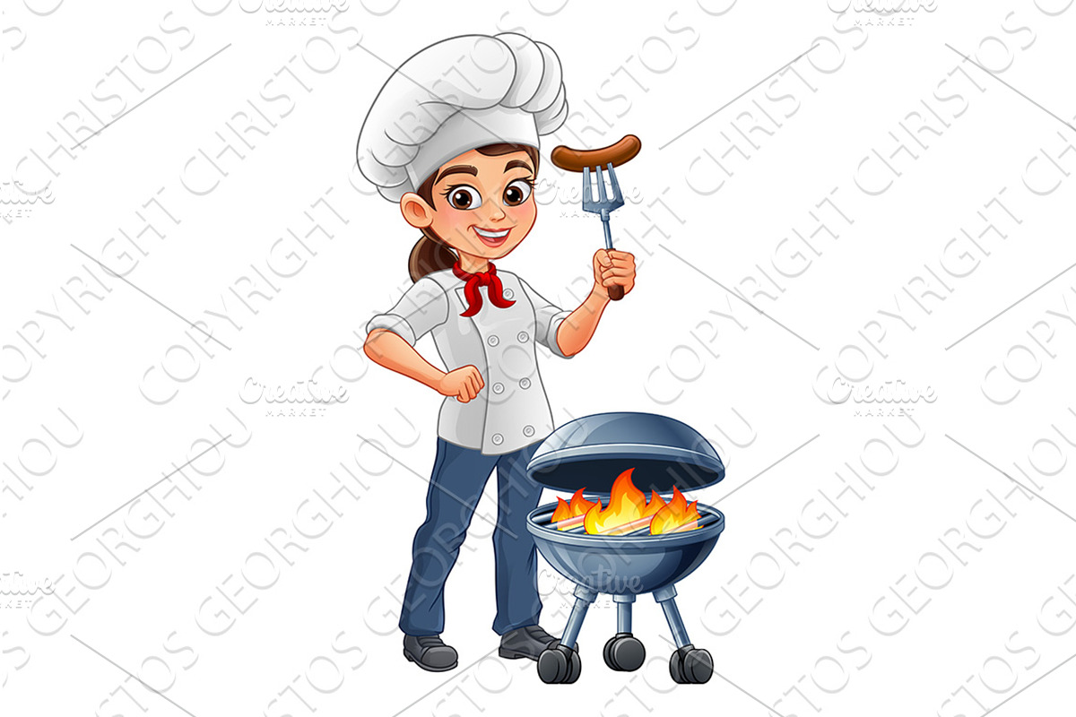 Cartoon Chef Woman BBQ Grilling, a Food Illustration by Christos Georghiou