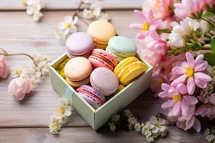 Colorful macarons dessert in box with flowers on wooden background, a Food & Drink Photo by AlyaAnd